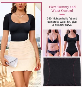 Bodysuit <span class=keywords><strong>Lengan</strong></span> <span class=keywords><strong>Pendek</strong></span> Kerah Kotak Pelangsing untuk Wanita Pengontrol Perut Shapewear Tanpa Jahitan - Product Image 2