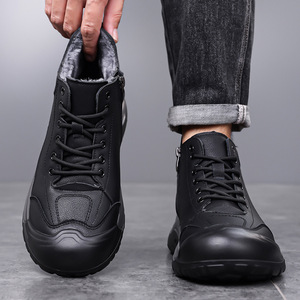 Bottes Martin pour hommes, automne-hiver, à semelle épaisse, hautes, doublées de polaire, chaussures de randonnée, vêtements décontractés d'extérieur, noir, gris - Product Image 3