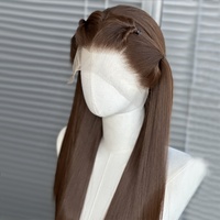 Wig lurus panjang sutra coklat muda untuk WANITA HITAM 13x6 garis rambut alami wig depan renda sintetis tahan panas