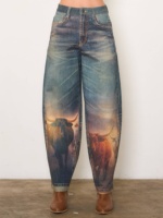 Jean en denim pour femme de haute qualité, coupe baril, imprimé animal numérique, décontracté, sexy, en coton, bleu délavé vintage, pour l'été