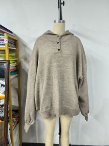 Suéter de punto de lana de color liso con capucha, holgado, de longitud media, manga larga, con botones semiabiertos, moda femenina - Product Image 3