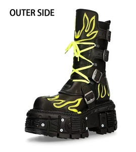 Bottes à plateforme gothiques punk, noires et jaunes, à motif flamme, talon de 8 cm, en cuir PU, chaussures unisexes, taille 35-45 - Product Image 4