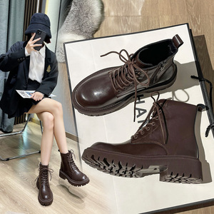 Bottines classiques pour femmes en cuir véritable rétro, imperméables, à semelle épaisse en caoutchouc, rehaussantes, pour le printemps/l'automne/l'hiver, en daim - Product Image 5