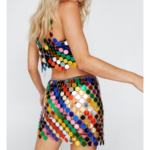 Mini-jupe à paillettes arc-en-ciel pour femmes, haut à bretelles à paillettes arc-en-ciel, <span class=keywords><strong>tenue</strong></span> de soirée en maille de chaîne, <span class=keywords><strong>tenue</strong></span> de plage pour filles - Product Image 2