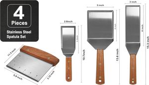 Set di 4 Utensili per Barbecue con Bordi Smussati e Manico in Legno, Spatole per Griglia e Spatole in Metallo - Product Image 2