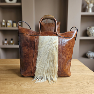 Vintage Genuine Leather Carry-on Tote Bag Fur Panel Soft Handle Zipper Closure Unisex Soft Shell Holiday Travel Bag with Drawbar - Product Image 3