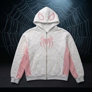 White Spider Web Embossed <b>Hoodie</b> Zip-Up Casual Knitted Sweatshirt Unisex Regular Fit <b>Pink</b> Logo Front Autumn Wear - Product Image 1