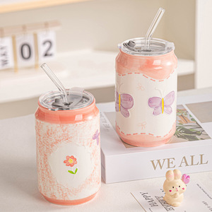 New Product Hand Painted Flower Ceramic Coffee Mug 500ml Can Shaped Ceramic Cups with Lid and Straw - Product Image 3
