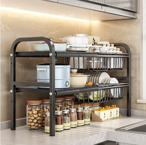 Carbon Steel Double Tier Standing <b>Kitchen</b> <b>Storage</b> Rack Organizer Removable Tray <b>Storage</b> <b>Unit</b> Multifunction Cleaning Tools - Product Image 3