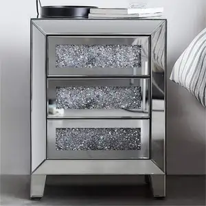 Coolbang Silver Mirror Crushed Diamond Nightstand Bedside With 3 Drawer Mirrored Bed side Table Modern