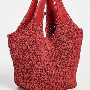 กระเป๋าถือโครเชต์สีแดงแบบสั่งทำ ปักลาย แต่งหนัง  รักษ์โลก กระเป๋าถือสุภาพสตรี ปิดแบบกระดุม  สำหรับฤดูร้อน ฤดูใบไม้ร่วง  ใช้เดินทาง พกพาสะดวก ไปเที่ยวทะเล - Product Image 5