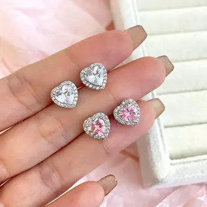 2024 Women Iced Out Earrings Elegant Fashion Jewelry Rhodium Plated Pink Zircon Heart Earrings For Women