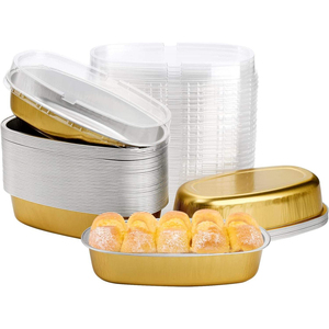 Récipient de restauration personnalisable de 350ml plateau ovale en <span class=keywords><strong>aluminium</strong></span> doré recyclable avec couvercle en PP pour la cuisson des gâteaux et des tartes - Product Image 1