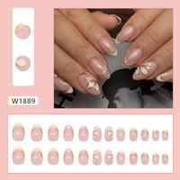 24 faux ongles en acrylique à presser, style amande, 3D, French, semi-artisanaux, motif floral nude, fabriqués à la machine, vente en gros pour les doigts