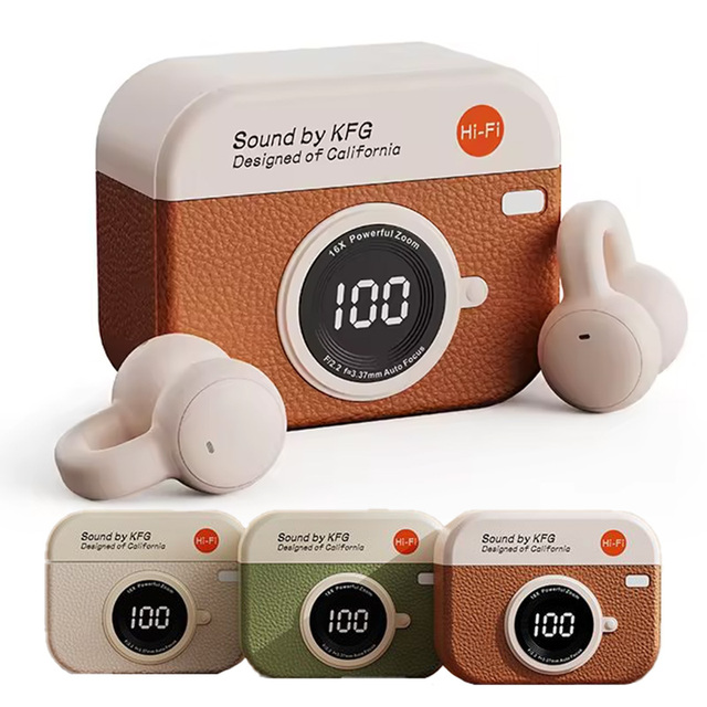 Fashion Q87 Retro Camera Design Open Clip on Ear Bluetooth Headset OWS ENC Call Noise Canceling Sport Earclip Wireless Headphone