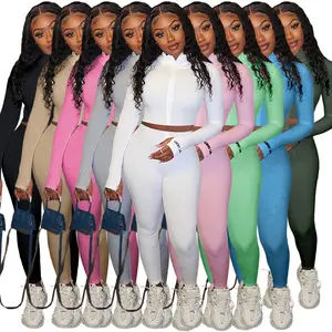 2020 Winter Frauen Sport Fitness 2 Zweiteiliges Set Outfits Langarm Crop Tops T-Shirt Leggings Hosen Set Bodycon Trainings anzug