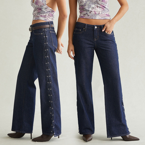 Jean évasé taille basse pour femme KingSen, en denim indigo brut, avec œillets latéraux et lacets ajourés, style Y2K vintage streetwear - Product Image 1