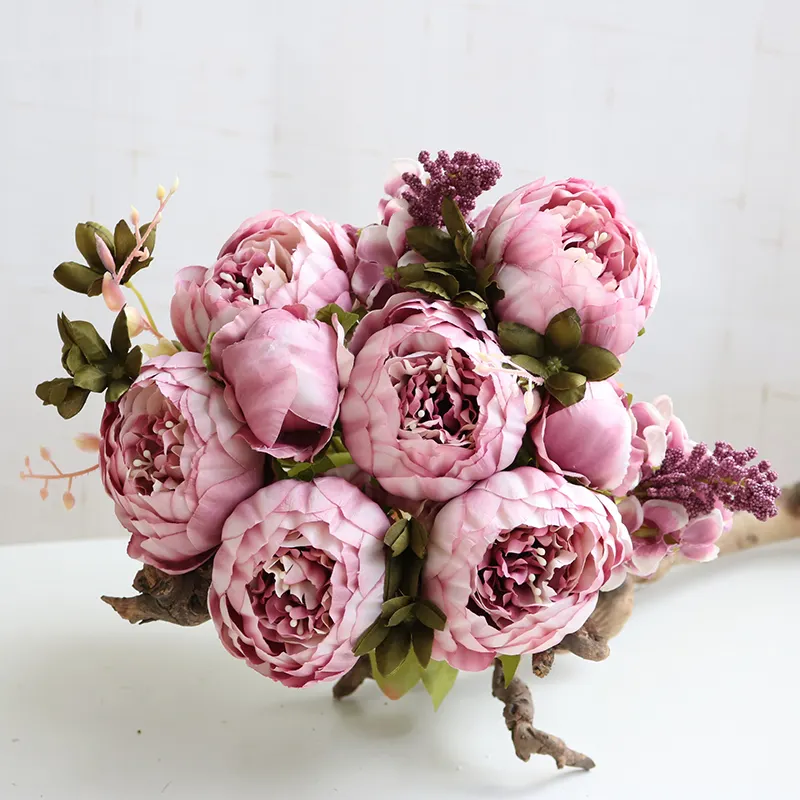 Hot Sell 6 Flowers 2 Buds Silk Fabric Blossom Wedding Decoration Artificial Flower Bouquet Peony For Valentines Day Gift