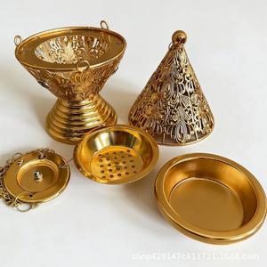 中東風中空金属製円錐型香炉、ヴィンテージゴールドとシルバーの彫刻が施された室内用吊り下げ式および手持ち式アロマバーナー - Product Image 5