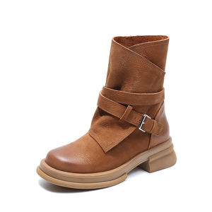 Botines Retro Británicos de Lujo en Color Marrón, Otoño Invierno, Cuero Vacuno, Cierre de Cremallera, Tacón Mediano, Forro de Piel, Talla Grande, Altura Media de Pantorrilla - Product Image 1