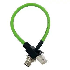 حاجز كابلات إيثرنت صناعية M12 A Code ذكر 4 دبوس إلى كابل RJ45 مع كابل CAT6A أخضر 1 متر PVC