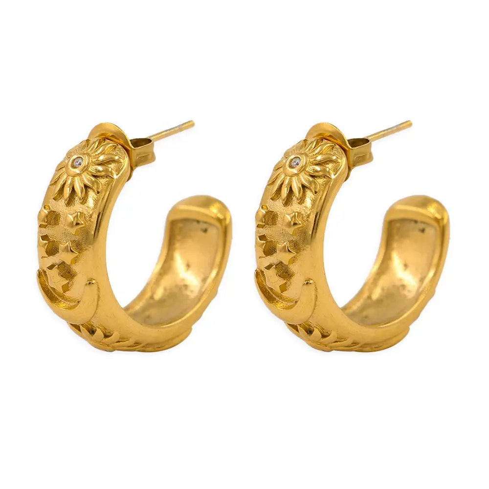 Custom Earring Fashion Jewelry Stainless Steel 18K Gold Plated Exquisite Embossed Moon Sun Star Zircon C Hoop Earrings For Women