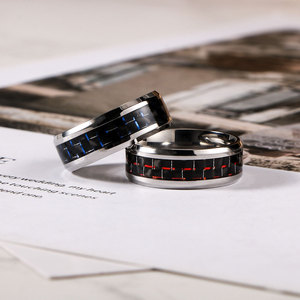 Anillos de acero inoxidable plateados, azules y rojos con incrustaciones de fibra de carbono, alianzas de boda para hombres y mujeres SA1056 - Product Image 1