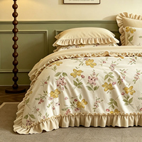 Parure de lit en coton 100% à volants superposés, motif floral jaune pastoral français, style campagne française