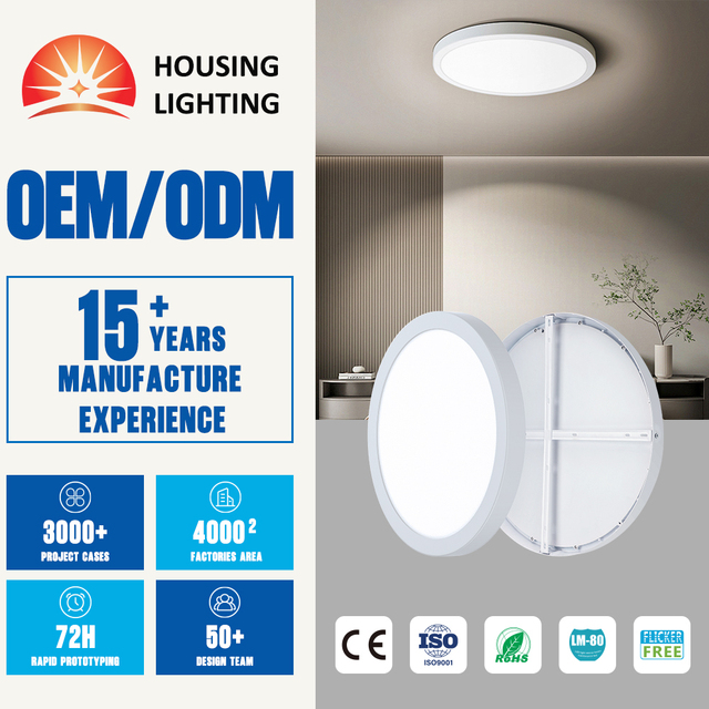 Round LED Panel Ceiling Light, Surface Mounted 3000K/4000K/5000K Selectable, Flicker-Free, with Emergency Backup for Home Office