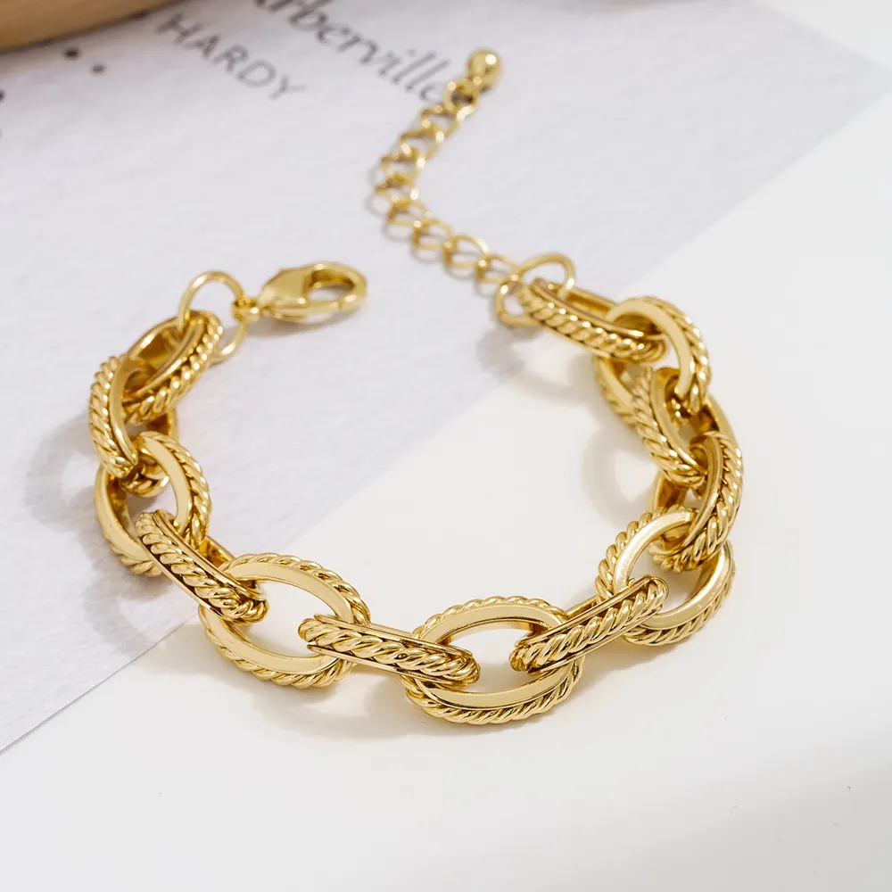 Custom 18k Gold Chain Wide Cuban Curb Link Bracelet Sterling Twisted Oval-Link metal Bracelet for men women