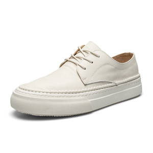 Zapatos de cuero genuino blanco con cordones, zapatillas de plataforma gruesa, parte superior de cuero suave y liso, capas multicolor en tono beige claro. - Product Image 4