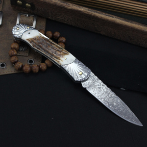Nuevo cuchillo plegable con mango de ciervo de Damasco, cuchillo para exteriores, cuchillo portátil Tunafire, novedad de 2017 - Product Image 4