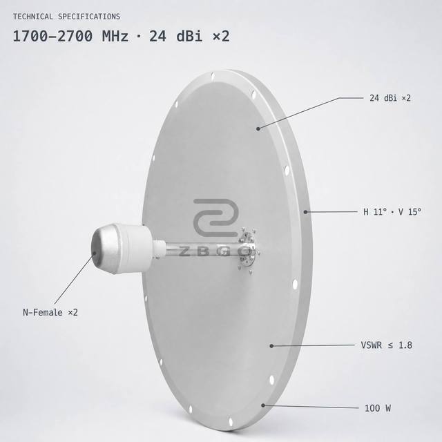 4G LTE 24dBi Dual Polarization Parabolic Antenna 1700-2700MHz 2x N Female 100W Outdoor Directional Grid Antenna
