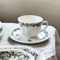 Service de vaisselle en céramique vert olive vintage français, motif floral en relief, compatible micro-ondes, assiette, bol, tasse, soucoupe, design circulaire