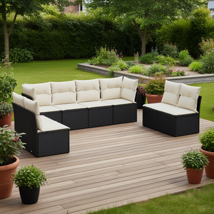Set Divano da Esterno in Polyrattan Nero con Cuscini, 8 Posti, Stile Contemporaneo, Design Moderno - Product Image 2