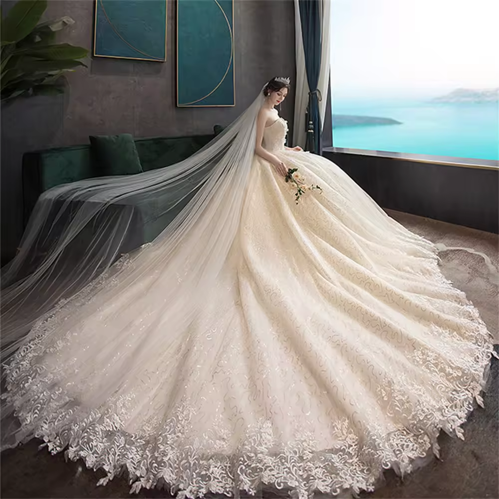 sachin and babi light blue dress Champagne Color Wedding Dress Lace Off Shoulder Ball Gown main image 0