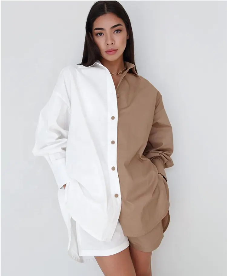 Shirt Women Turn-down Collar Long-sleeved Color-blocking Shirts And Shorts Ladies Outfits 2 Piece Clothing Cotton Casual Women Suit Set