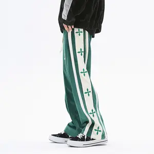 Custom Heavyweight Winter Baggy Velvet Track Pants Men High Quality Side Embroidery Patchwork Straight Jogger Pants