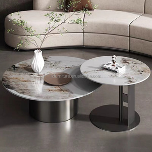 Italian Design Luxury <b>Nesting</b> Coffee <b>Tables</b> Grey Marble Stone Pattern Top Black Metal Pedestal Base Center <b>Table</b> Round End <b>Table</b> - Product Image 4