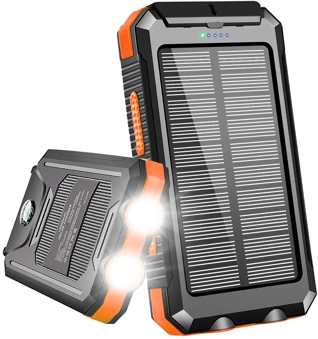 Carregador solar 10000mah 20000mah usb li-polímero, à prova d' água, carregador de bateria solar de viagem com lanterna led