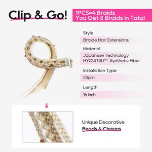 Extensions de cheveux tressés à clip pour femmes, 16 pouces, style bohème, dreadlocks, double trame, perles, breloques, 2 pièces, postiches synthétiques tressés - Product Image 2