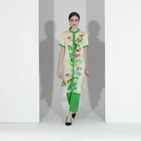 Robe tunique midi à col mandarin uni avec ourlet plissé, ensemble pantalon vert, tenue décontractée de printemps, tricotée en coton couleur bonbon