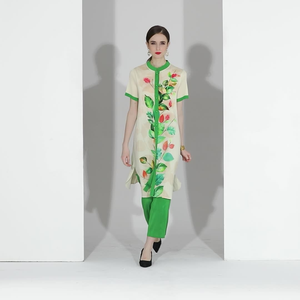 Robe tunique midi à col mandarin uni avec ourlet plissé, ensemble pantalon vert, tenue décontractée de printemps, tricotée en coton couleur bonbon - Product Image 1