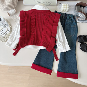 Abito Casual da ragazza 2025 autunno nuovo gilet di lana stile coreano camicia a tinta unita Jeans abito tre pezzi tessuto pettinato - Product Image 5