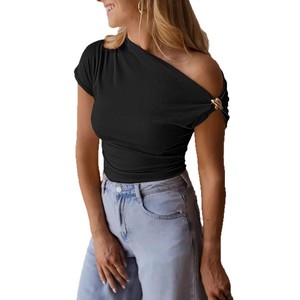 T-<span class=keywords><strong>shirt</strong></span> côtelé uni asymétrique à col décoré de métal, coupe ajustée, <span class=keywords><strong>manches</strong></span> <span class=keywords><strong>courtes</strong></span>, style décontracté, pour <span class=keywords><strong>femme</strong></span>, collection Europe-Amérique 2026 - Product Image 4