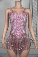Robe de scène sexy imprimée avec des strass scintillants et des franges en spandex/polyester, costume de danse, combinaison pour femmes, performance en boîte de nuit