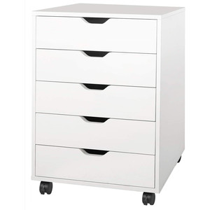 5-Drawer Chest, Living room Cabinet Wood Storage Dresser Cabinet with Wheels, White