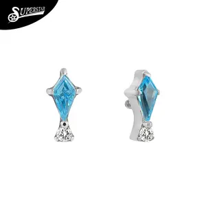 CZ Zircon Body Piercing Jewelry Externally Threaded Accessory Hanging Ring Top Ends Charms Custom Titanium Prong Setting Blue