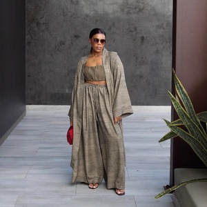 Nuovo Set Tre Pezzi Donna Autunno 2026: Cardigan Lungo, Top a Fascia e Pantaloni a Gamba Larga in Tessuto Slub, Stile Casual <span class=keywords><strong>Chic</strong></span> - Product Image 1