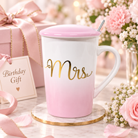 Expédition immédiate : Nouvelle tasse en céramique dégradée de 12 oz avec couvercle et cuillère, mignonne, pour hommes et femmes, idéale pour café, thé, cadeau Saint-Valentin, Noël, Fête des Pères